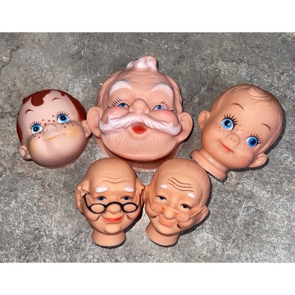 Vintage  Doll Faces Mask Craft Heads Plastic Santa Boys Old Lady / Men Lot of 5 - Picture 1 of 5